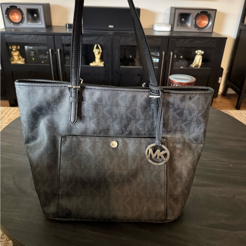 Michael Kors Black MK Monogram Tote with Logo Charm
